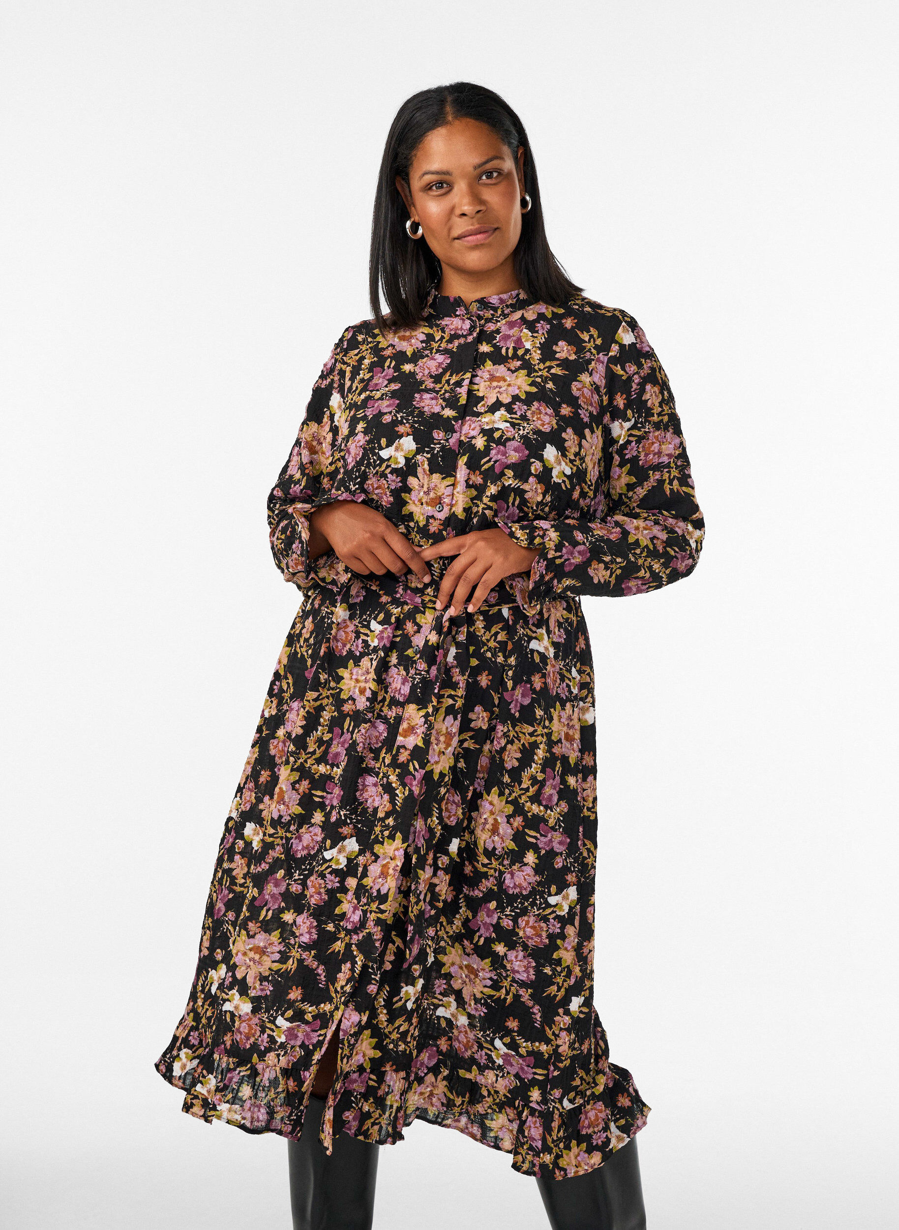 ZizzifashionMidi dress with floral print and detachable tie belt, Black, Model image number 0