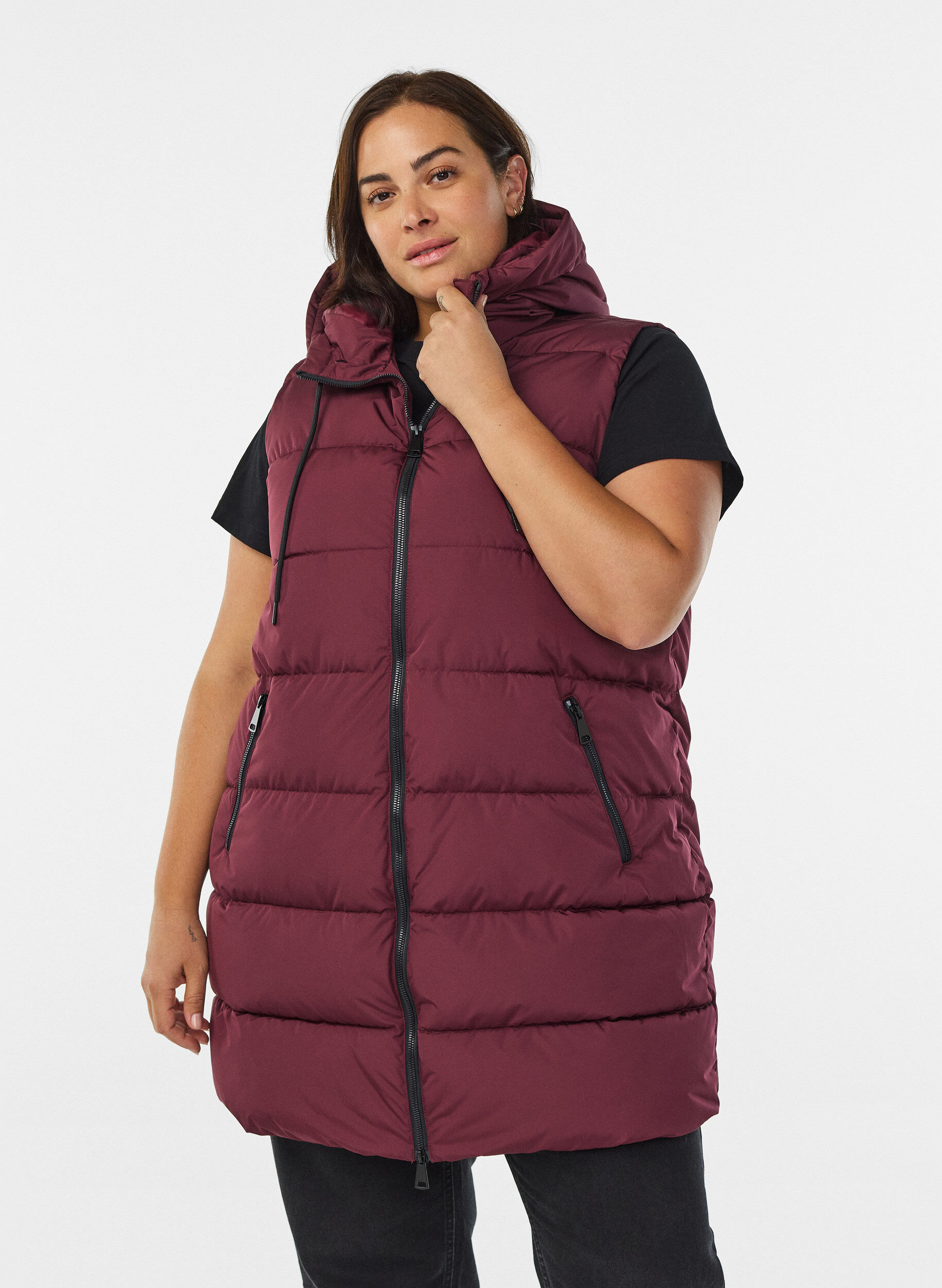 ZizzifashionLong vest with hood and pockets, Red, Model image number 0
