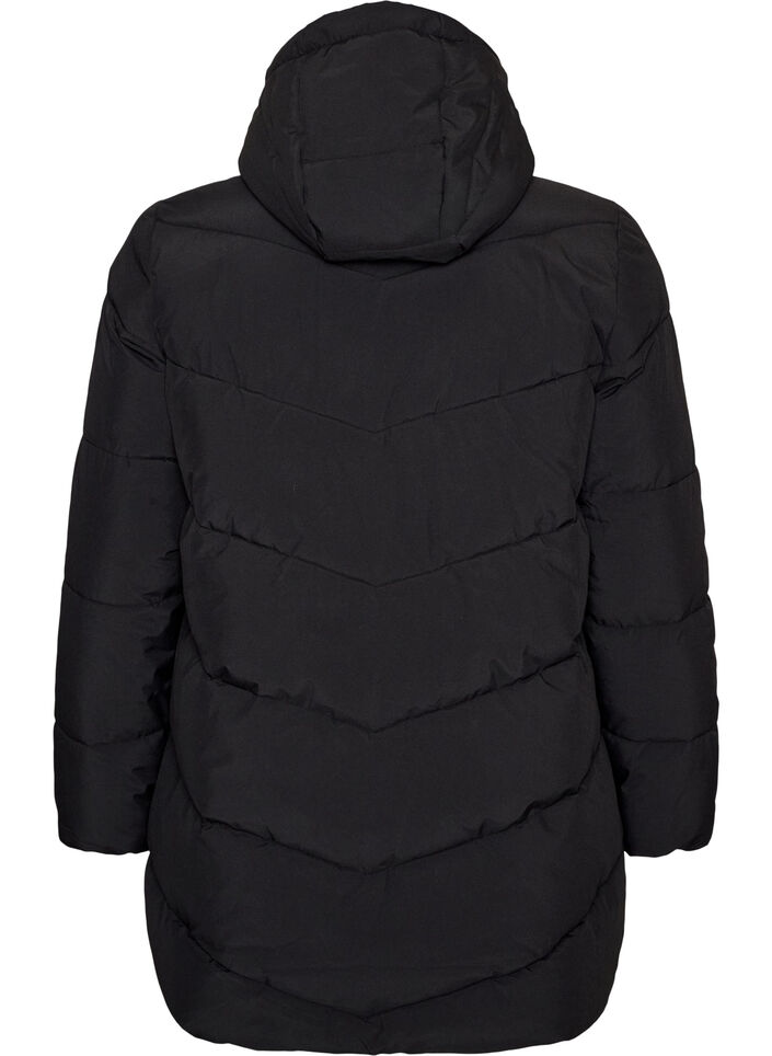 Mid-length puffer jacket with hood, Black, Packshot image number 1