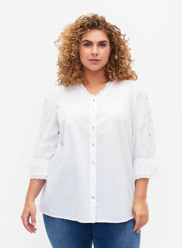 Structured shirt-blouse with embroidery anglaise , Bright White, Model image number 0
