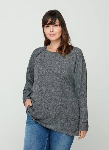 Marled blouse with a zip detail, Dark Grey Melange, Model image number 0