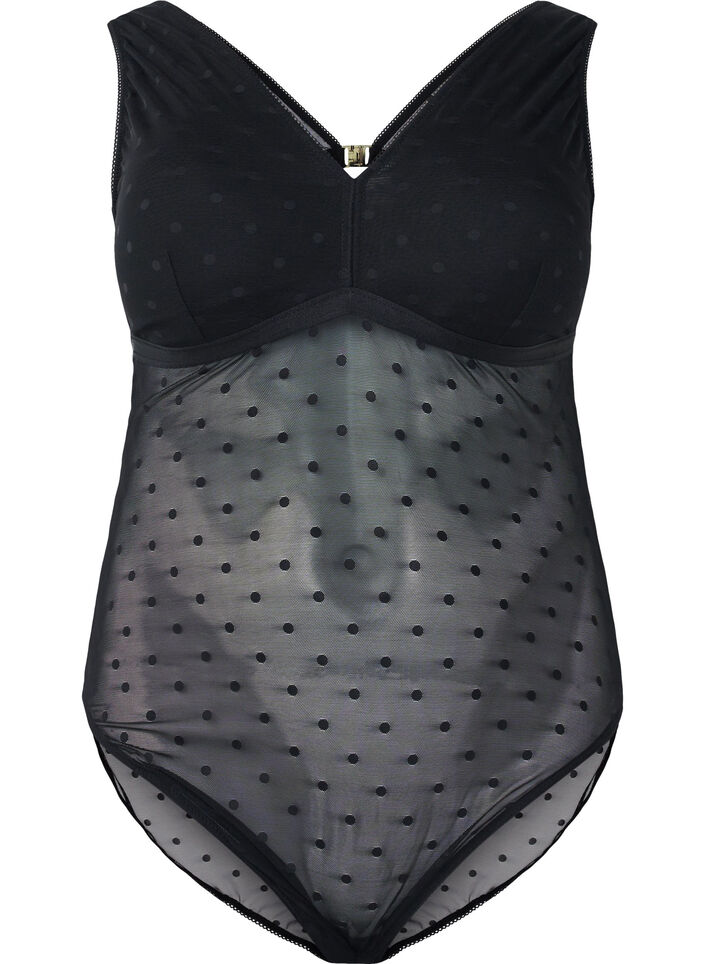 Bodystocking with dotted mesh and removable pads, Black, Packshot image number 0