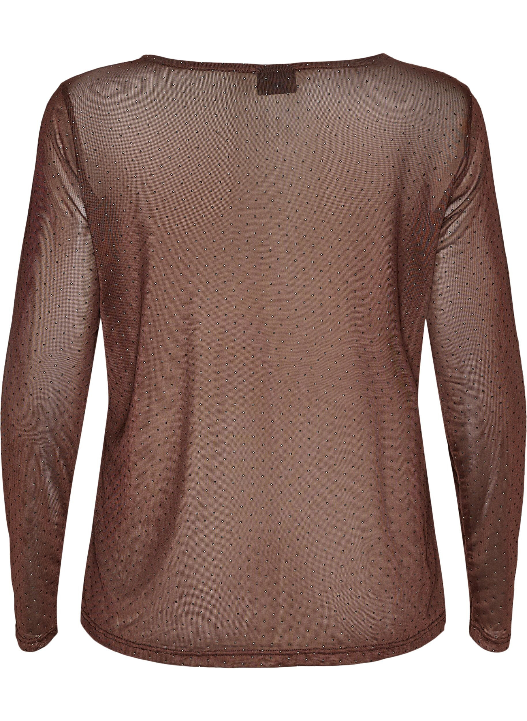 ZizzifashionSheer mesh blouse with rhinestones, Brown, Packshot image number 1