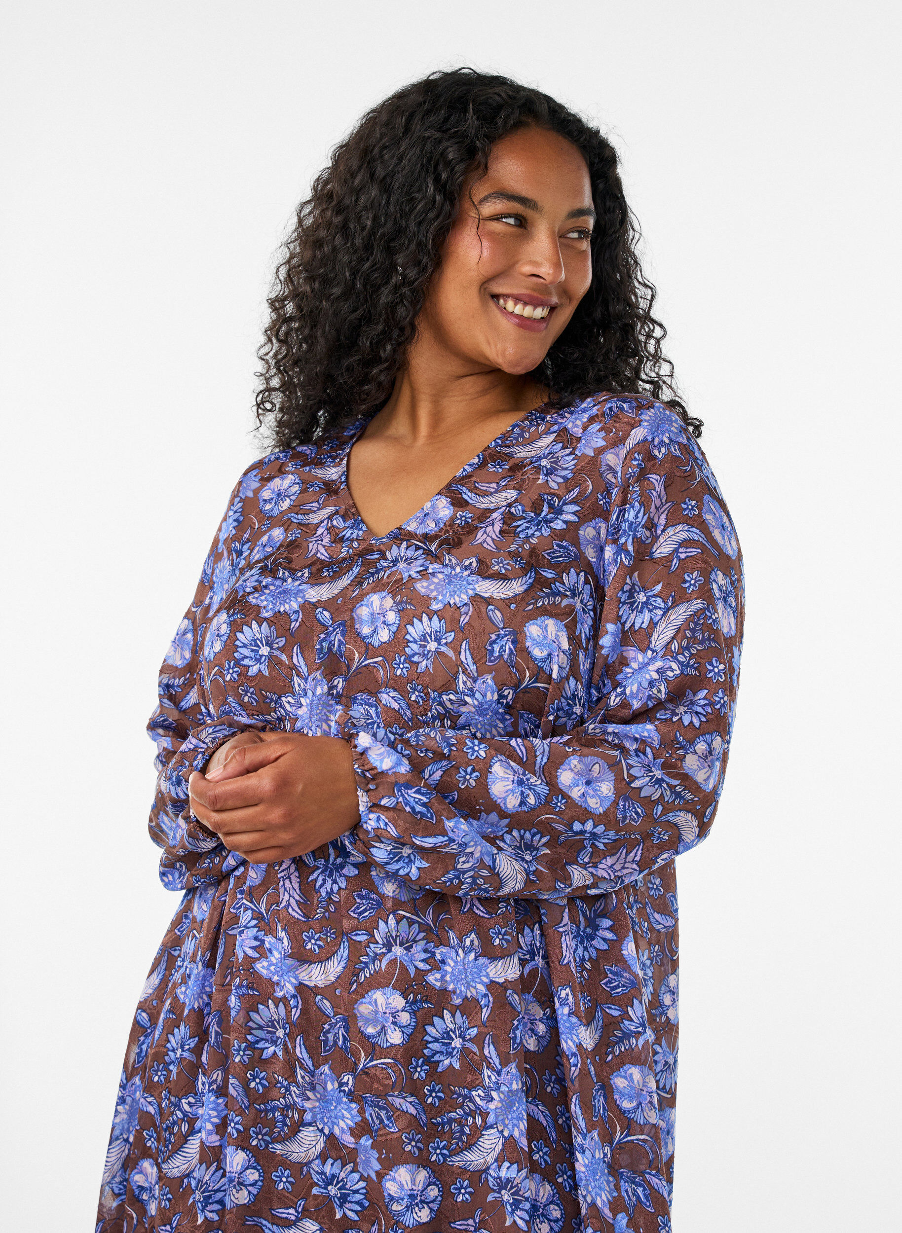 ZizzifashionMidi dress with floral print and ruffle hem, Brown, Model image number 2