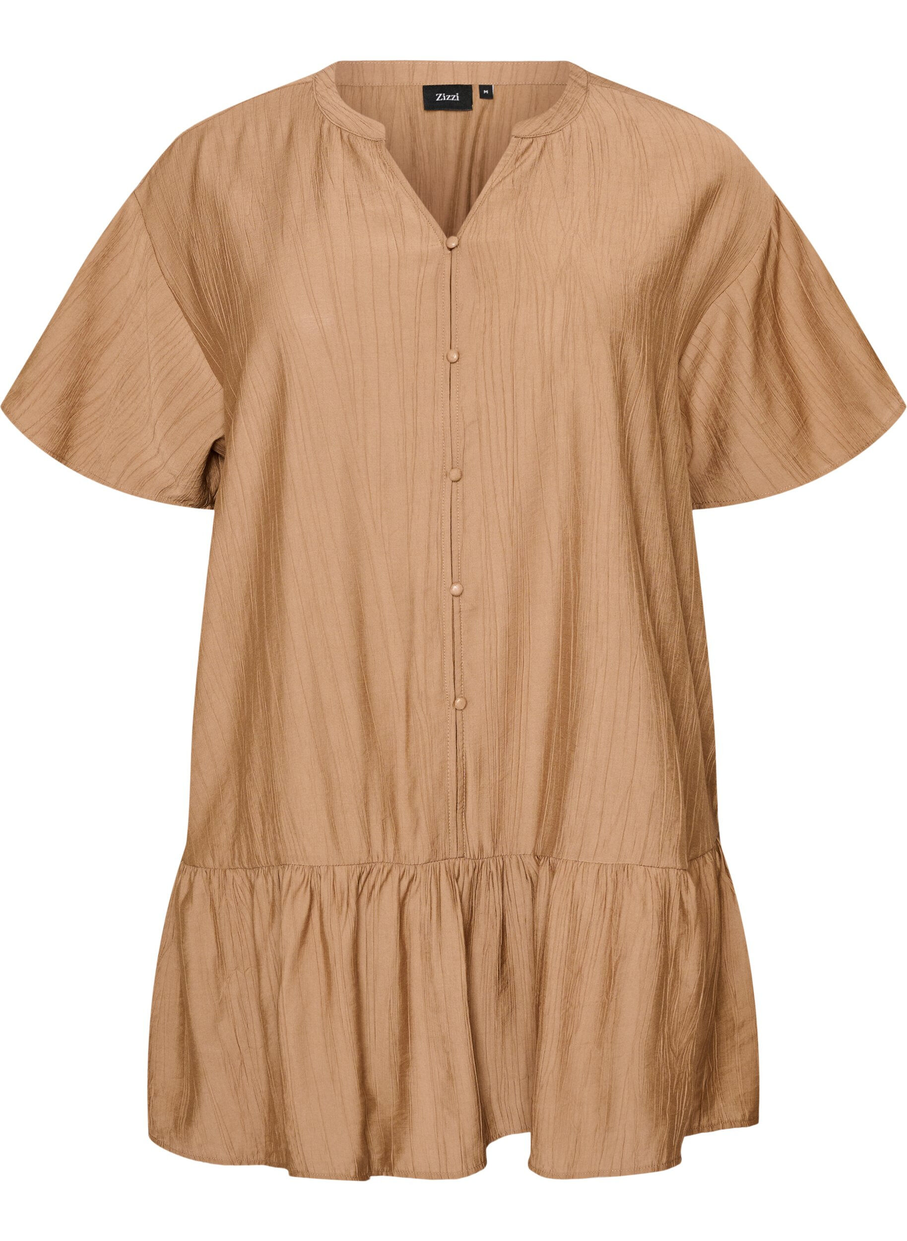 Zizzifashion Loose tunic with crinkled texture and ruffle hem, Brown, Packshot image number 0