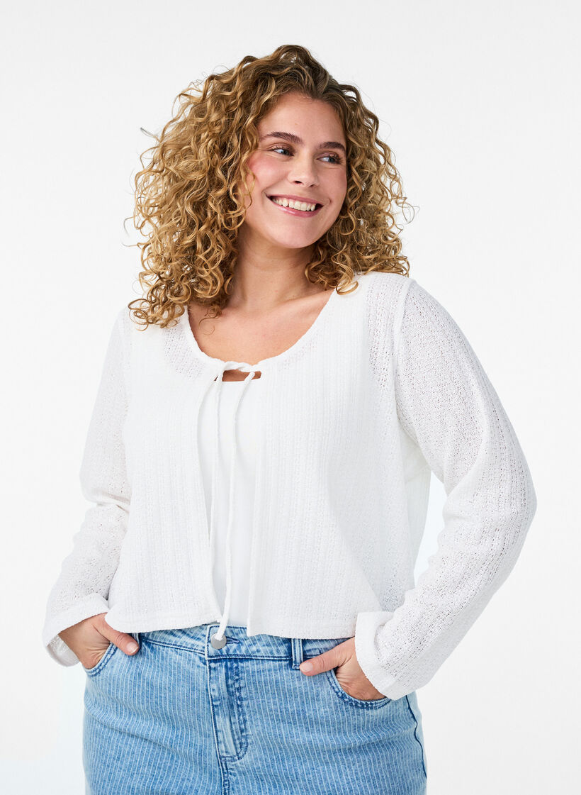 Jersey cardigan with texture and tie front, White, Model image number 0