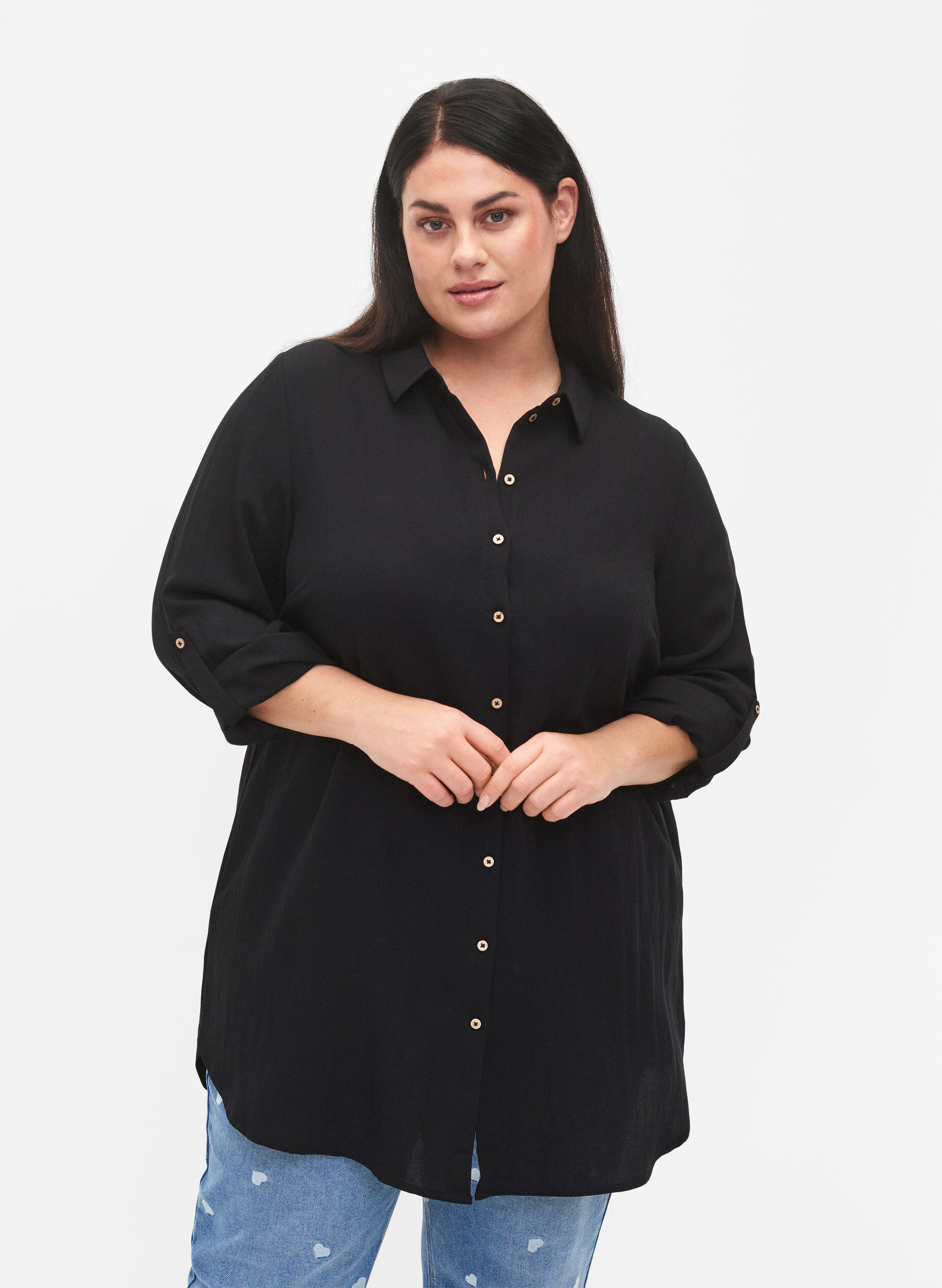 Zizzifashion Long plain viscose shirt, Black, Model image number 0