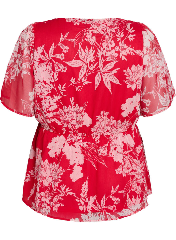 Floral chiffon blouse with an elasticated waist, Red, Packshot image number 1