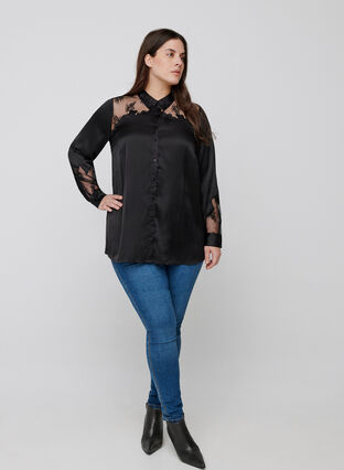 Shirt with mesh and lace, Black, Model image number 3