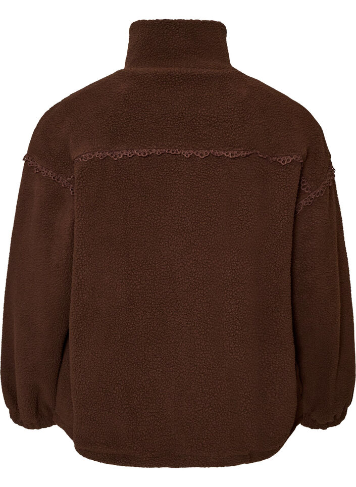 Teddy jacket with eyelet embroidery trim and high collar, Brown, Packshot image number 1