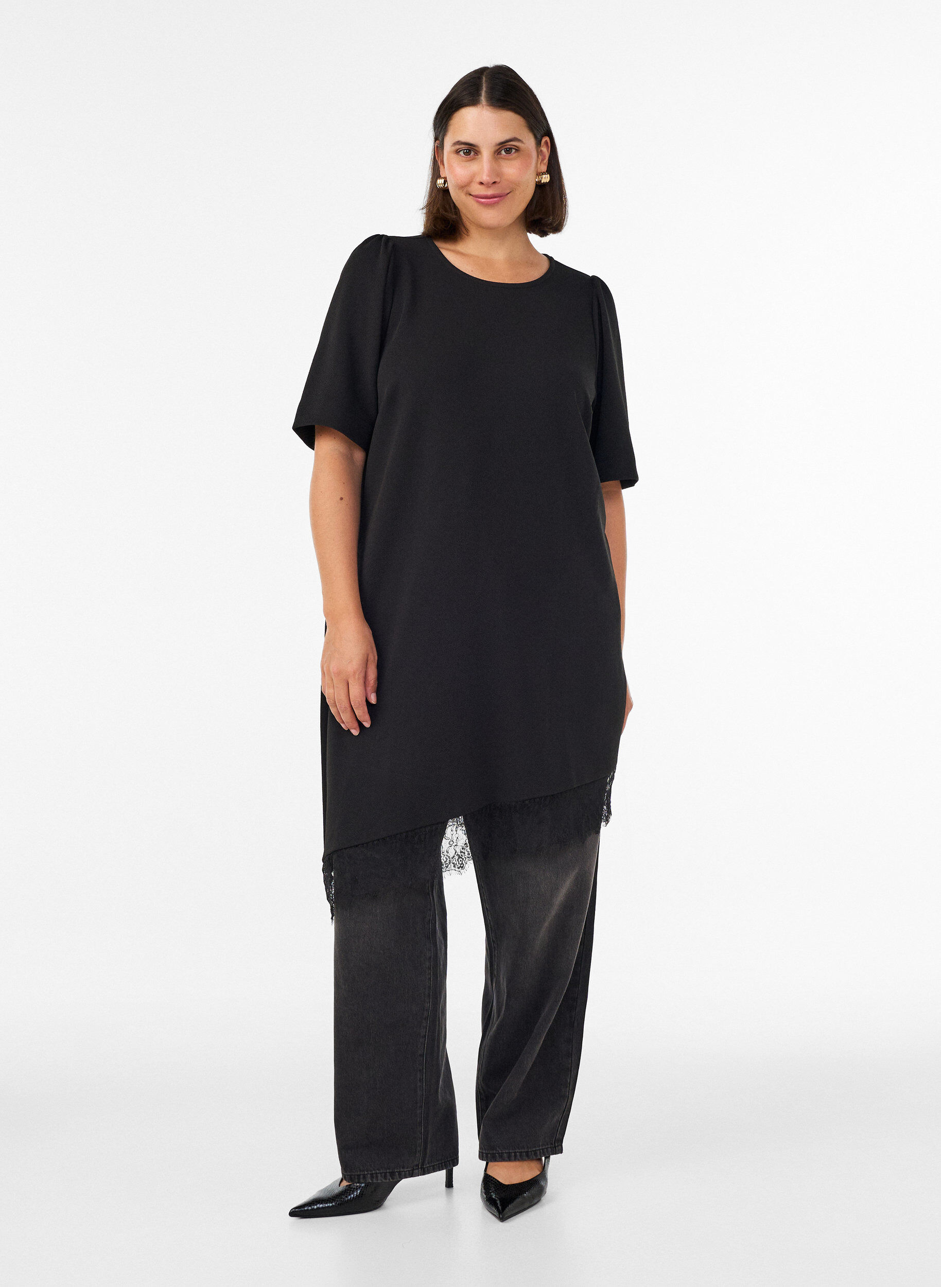 ZizzifashionTunic with asymmetric lace trim, Black, Model image number 1