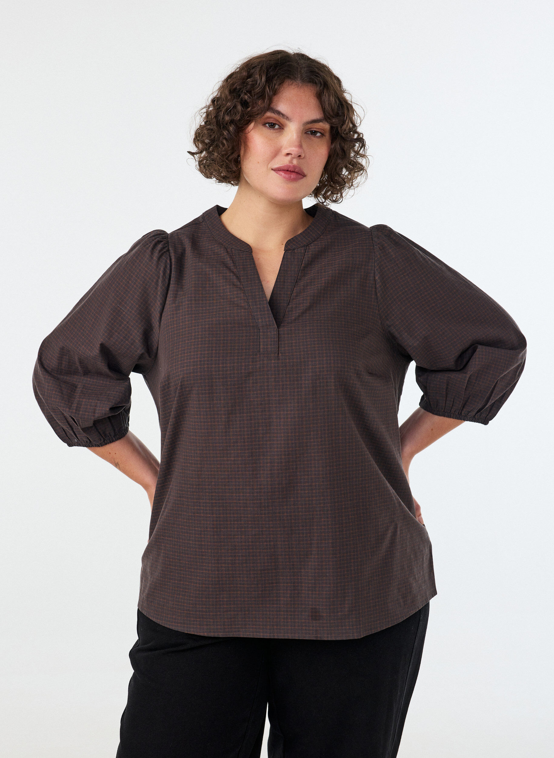 ZizzifashionChecked blouse with V-neck and 3/4 sleeves, Brown, Model image number 0