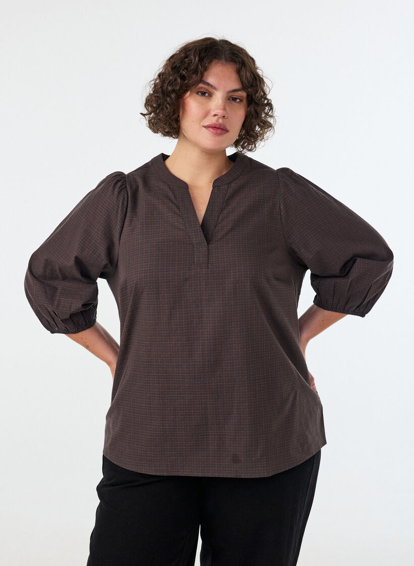 Checked blouse with V-neck and 3/4 sleeves, Brown, Model image number 0