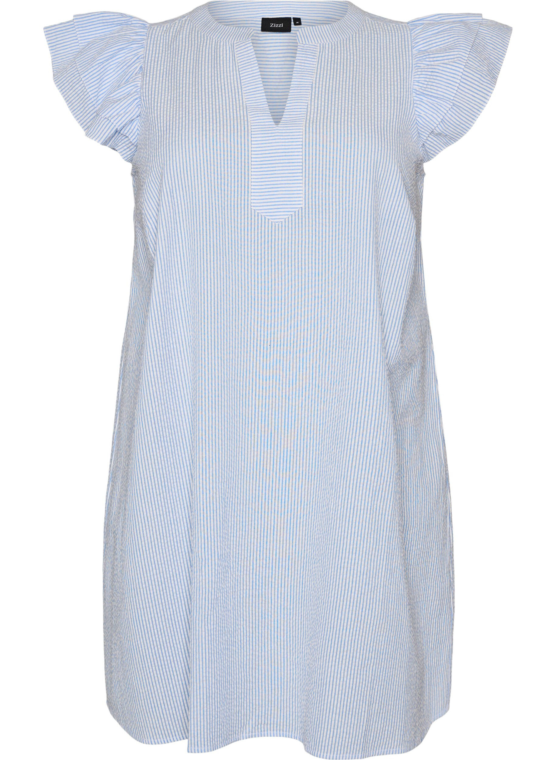 Zizzifashion Striped cotton dress with ruffles and an A-line fit, Light Blue, Packshot image number 0