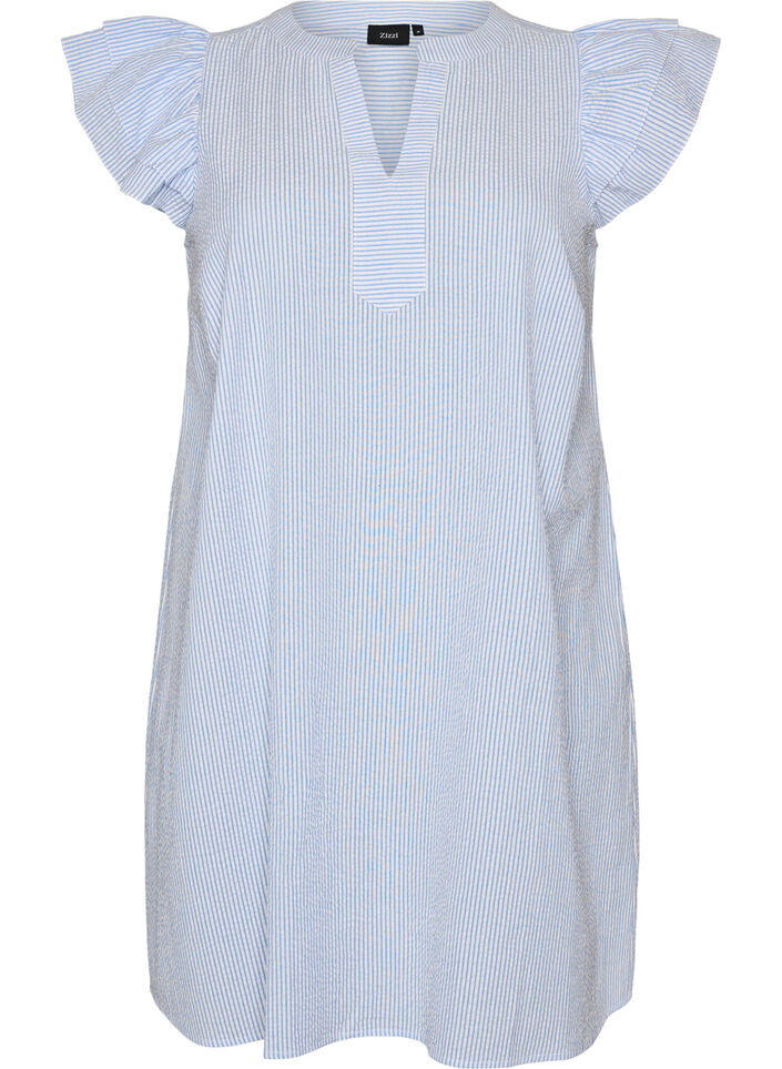 Striped cotton dress with ruffles and an A-line fit, Light Blue, Packshot image number 0