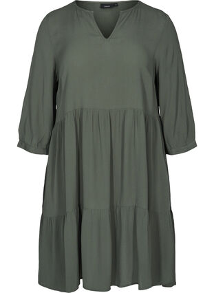 A-line viscose dress with 3/4 sleeves, Thyme, Packshot image number 0