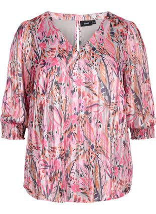 Printed blouse with v-neck and 3/4 sleeves, Pink Feather, Packshot image number 0