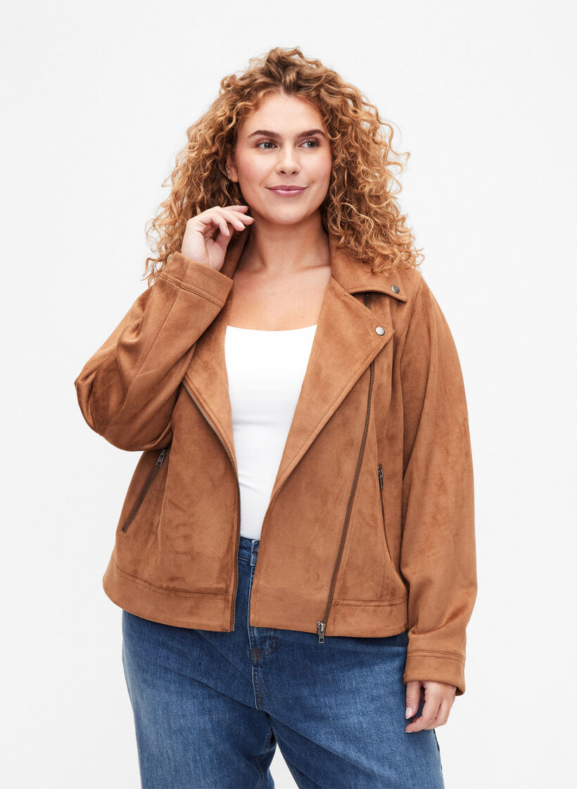 Biker jacket in faux suede, Toasted Coconut, Model image number 0