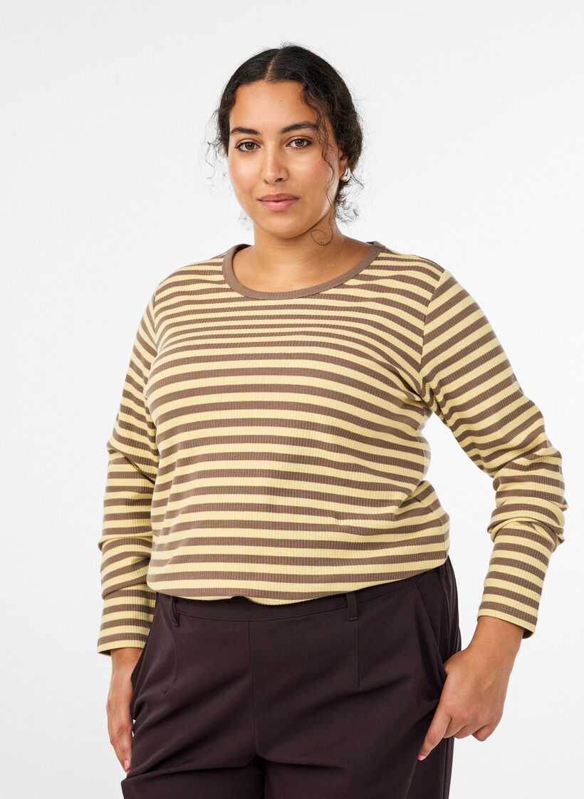 Striped blouse with long sleeves, Brown, Model image number 0