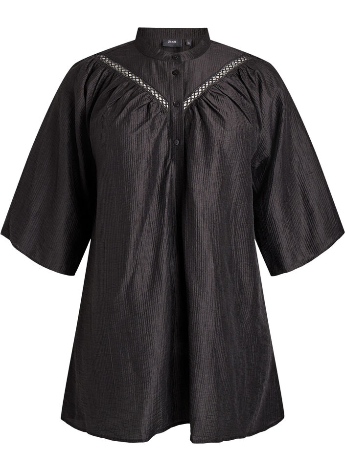 Tunic with crochet trims and striped texture, Black, Packshot image number 0