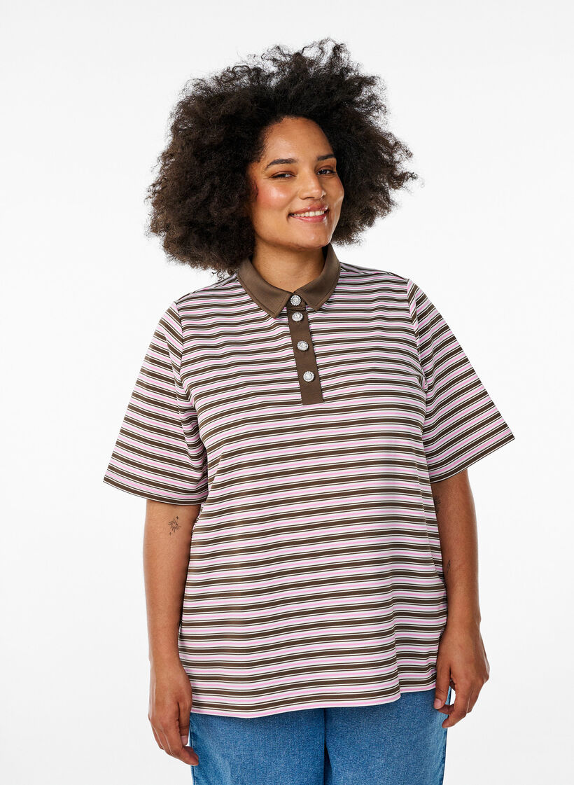 Striped polo shirt with short sleeves and buttons, Brown, Model image number 0