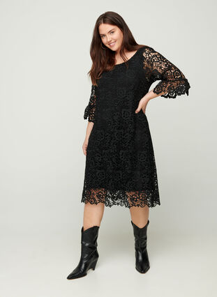 Lace dress with 3/4 length sleeves, Black, Model image number 2