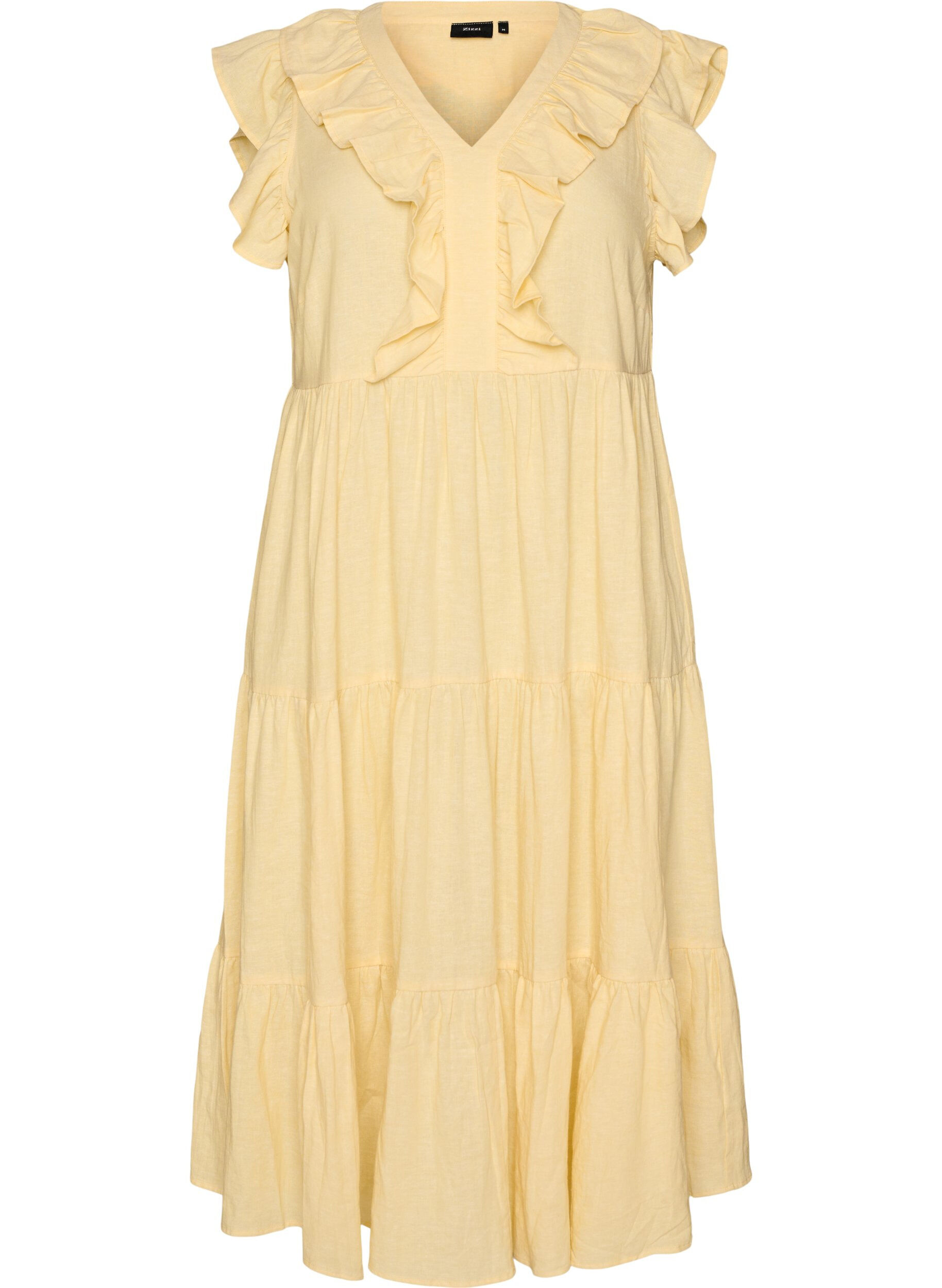 Zizzifashion Sleeveless midi dress in linen and viscose with ruffles, Yellow, Packshot image number 0