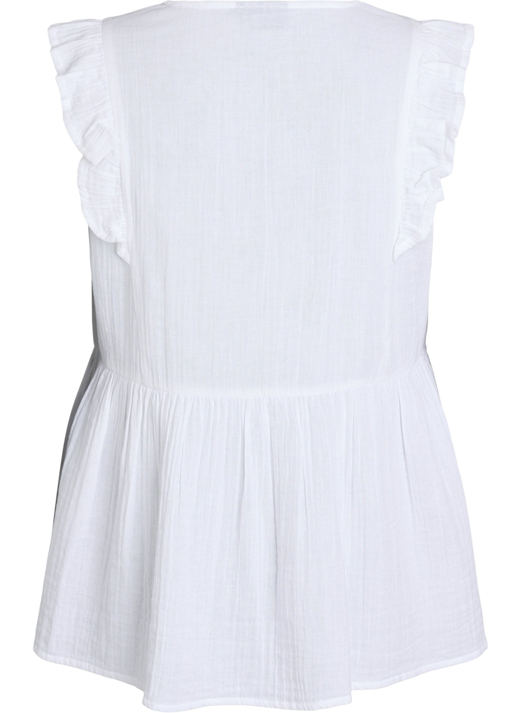 Zizzifashion Sleeveless cotton muslin blouse with ruffles, White, Packshot image number 1