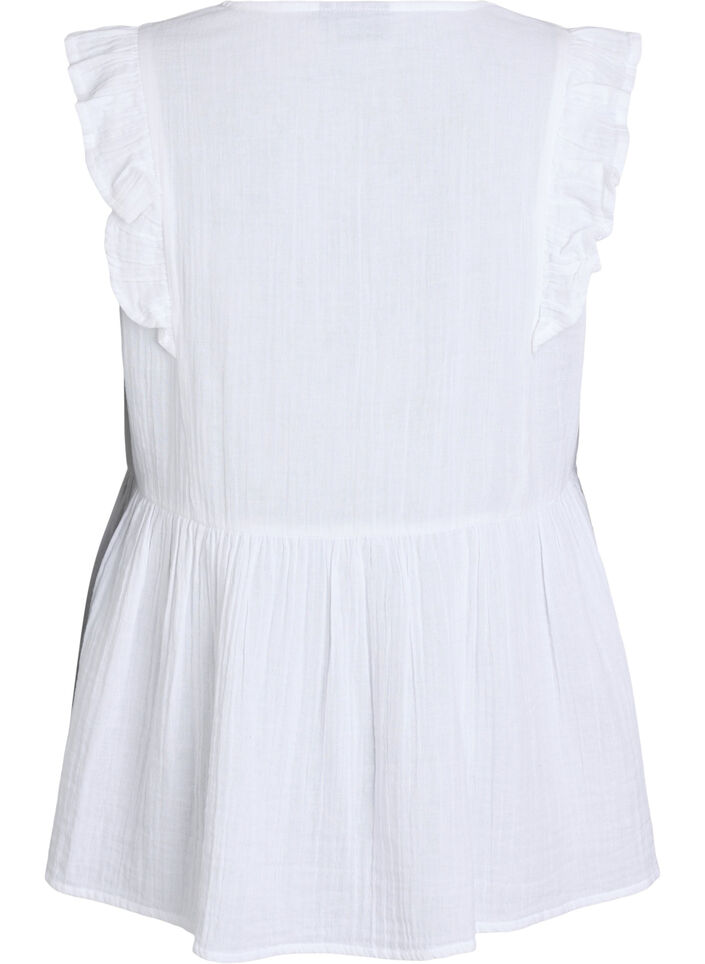 Sleeveless cotton muslin blouse with ruffles, White, Packshot image number 1