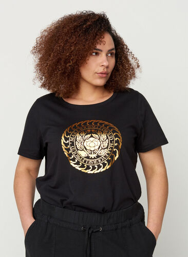 Cotton t-shirt with a gold-coloured print, Black, Model image number 0