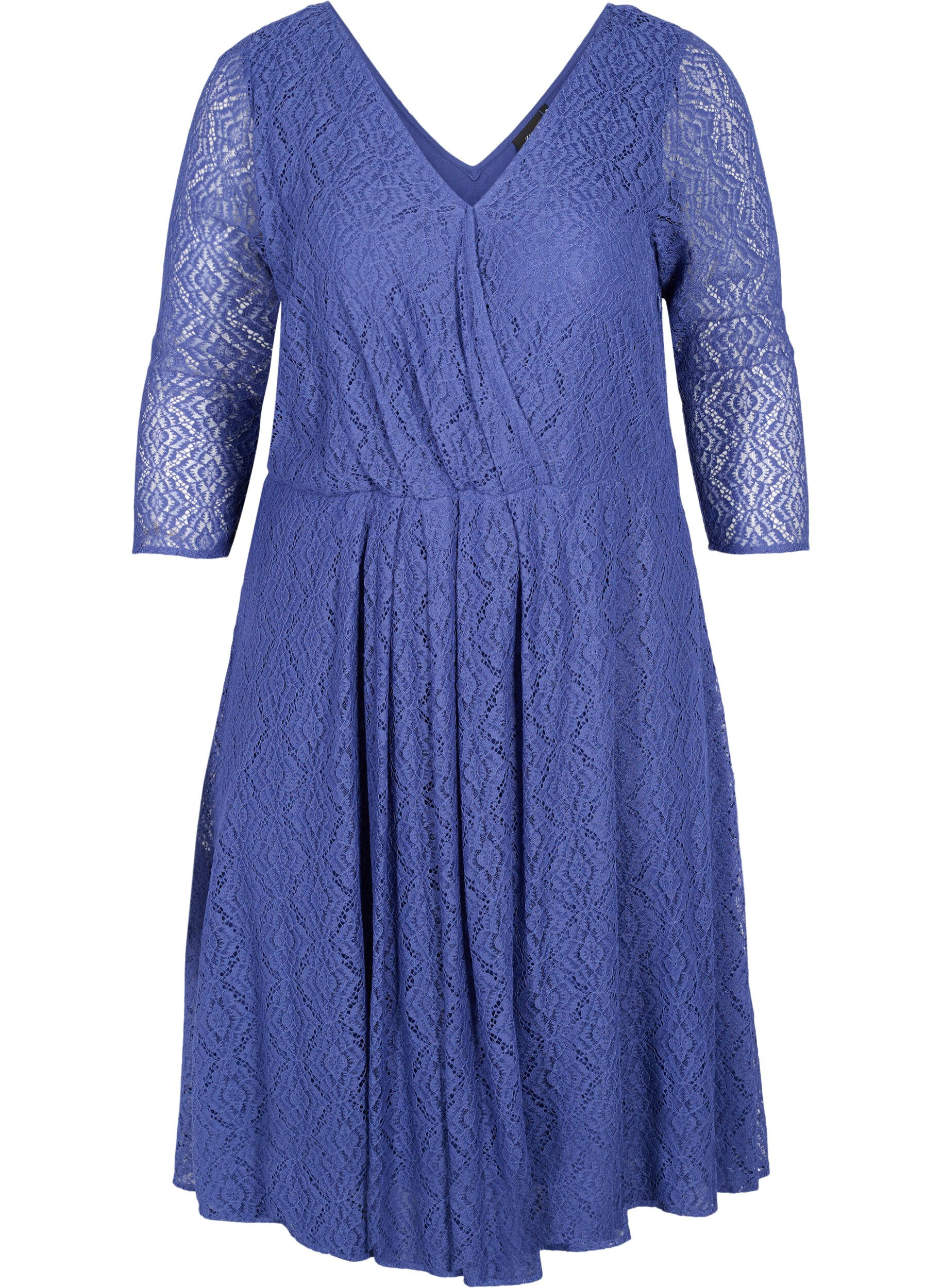 Zizzifashion V-neck lace dress with 3/4 sleeves, Blue, Packshot image number 0