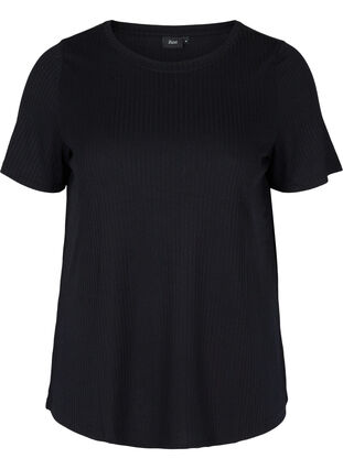 Plain ribbed t-shirt with short sleeves, Black, Packshot image number 0