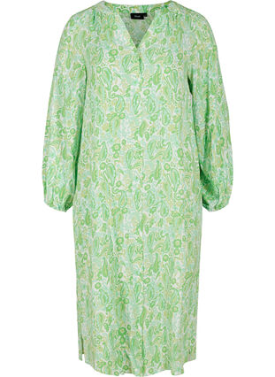Printed viscose midi dress with long sleeves, Green Paisley AOP, Packshot image number 0