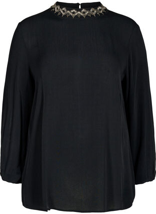 Long-sleeved, beaded viscose blouse, Black, Packshot image number 0