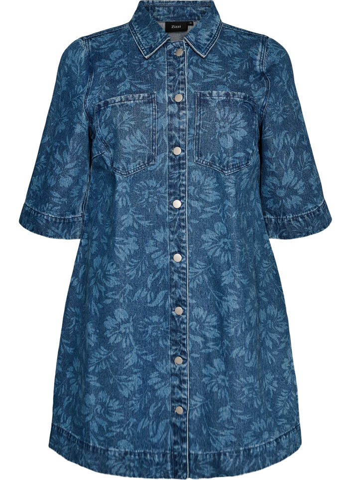 Denim dress with floral print and chest pockets, Blue, Packshot image number 0