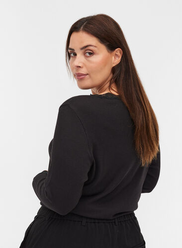 Long-sleeved ribbed blouse with lace details, Black, Model image number 1