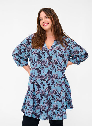Viscose tunic with 3/4 sleeves and floral print, Blue w. Flower AOP, Model image number 0