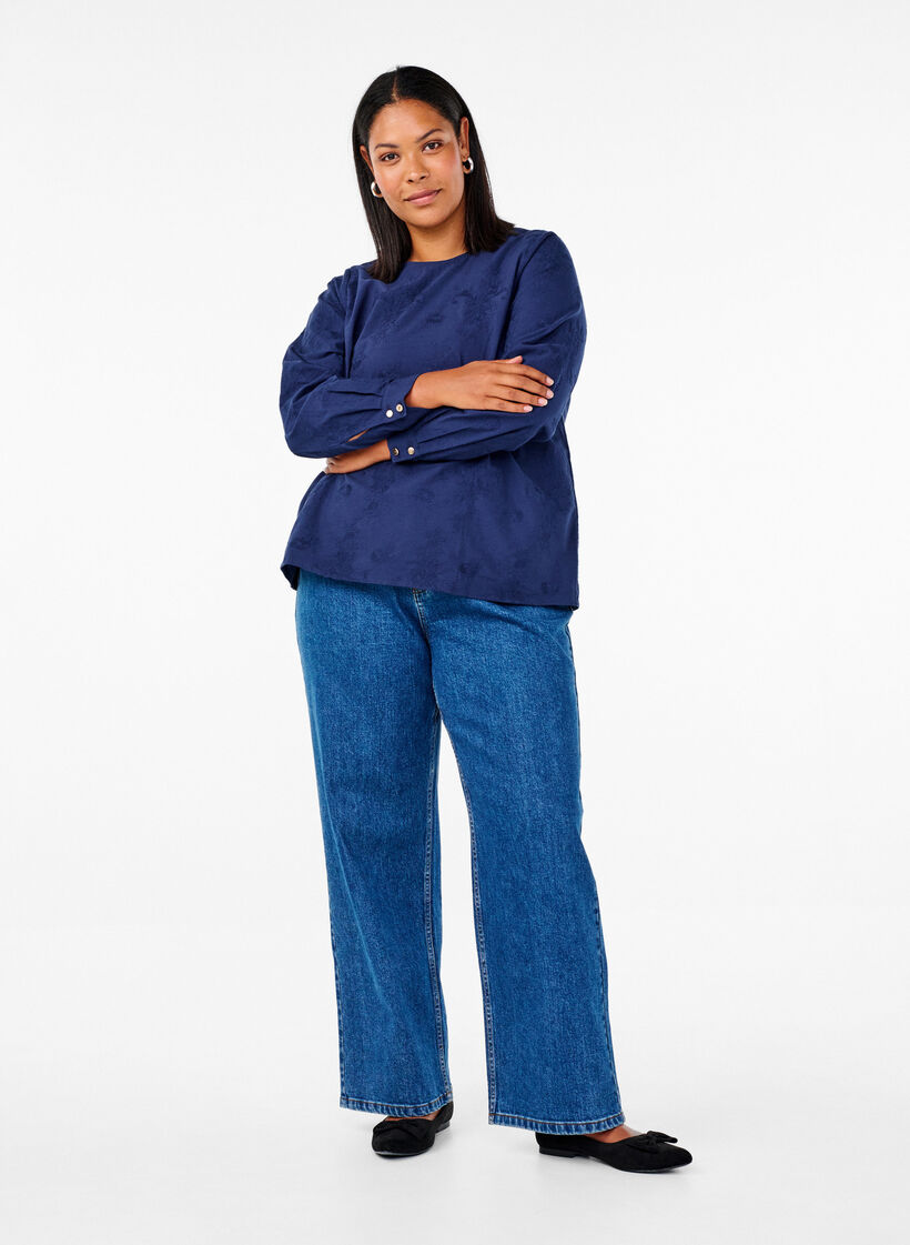 Long-sleeved blouse with embroidery, Blue, Model image number 1