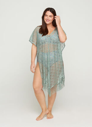 Short-sleeved beach dress with lace, Chinois Green, Model image number 2