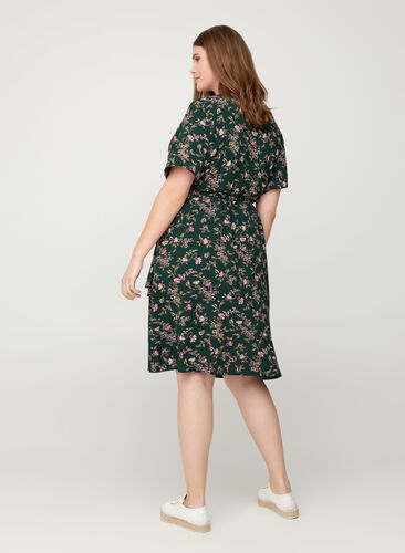 Short-sleeved wrap dress, Green w. rose, Model image number 1