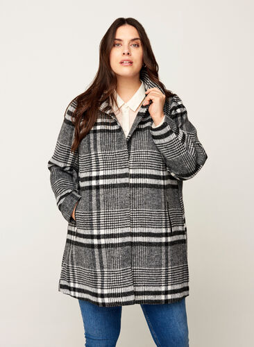 Checked jacket with button fastening and pockets, Black Check, Model image number 0