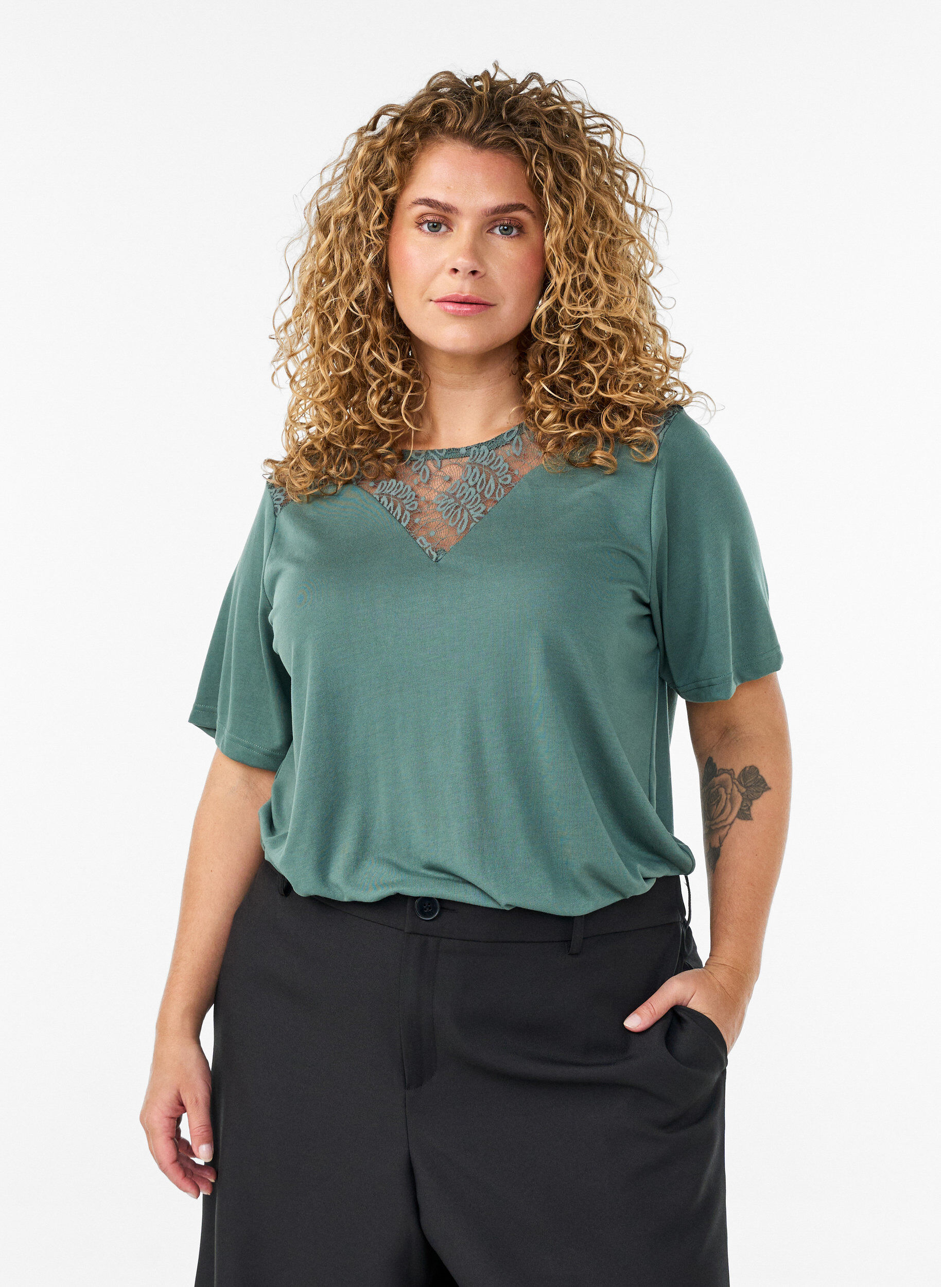 Zizzifashion Blouse with lace insert and balloon sleeves, Green, Model image number 0
