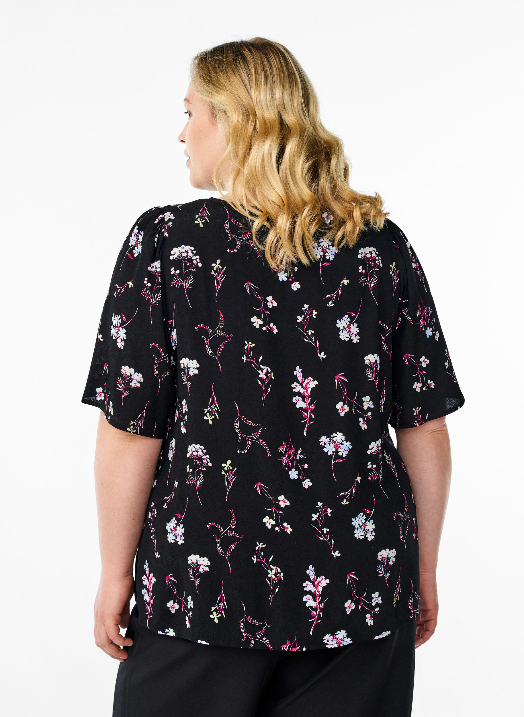 Zizzifashion Floral blouse with short sleeves, Black, Model image number 2