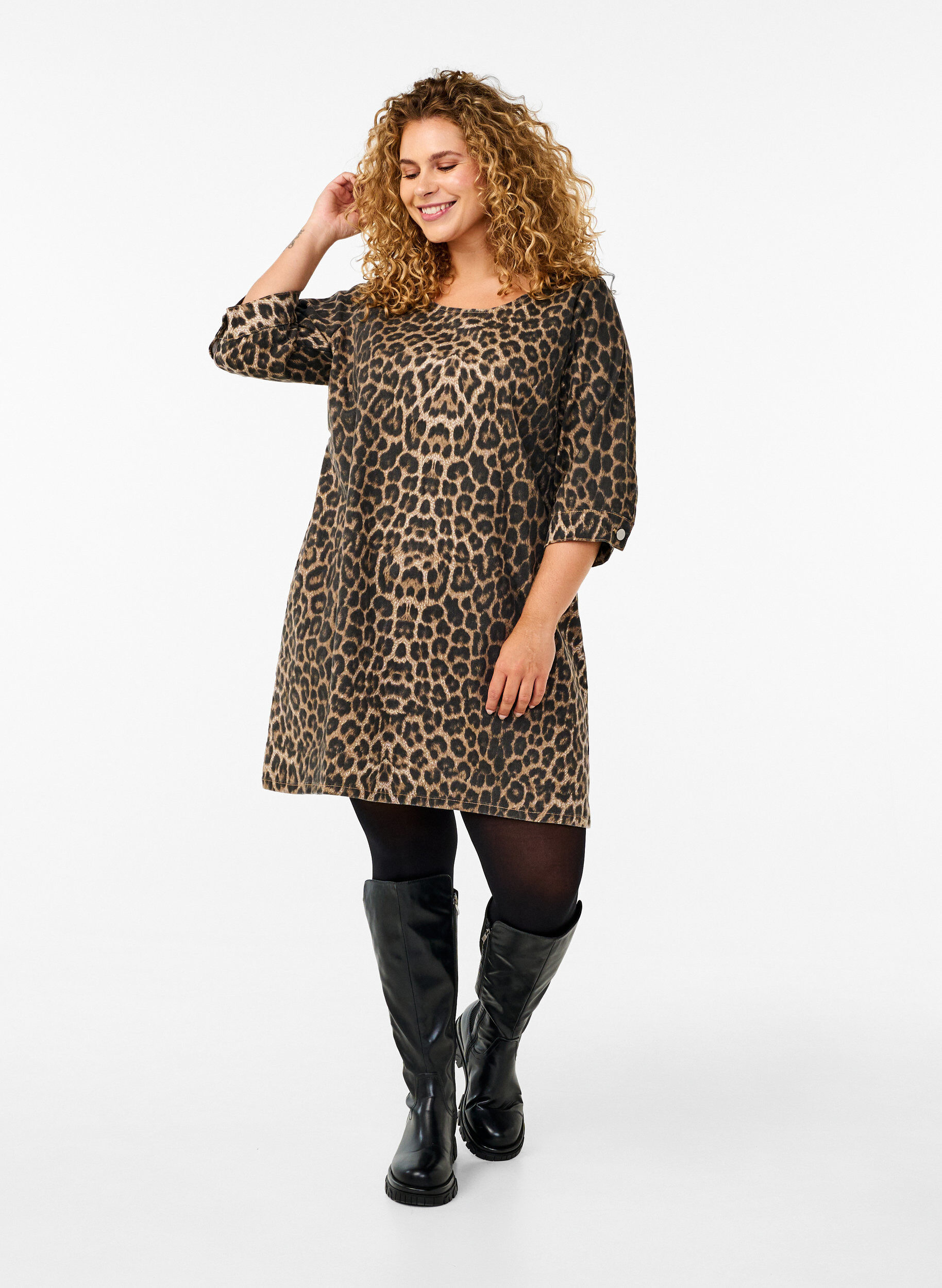 Zizzifashion Denim dress with leopard print, Brown, Model image number 1