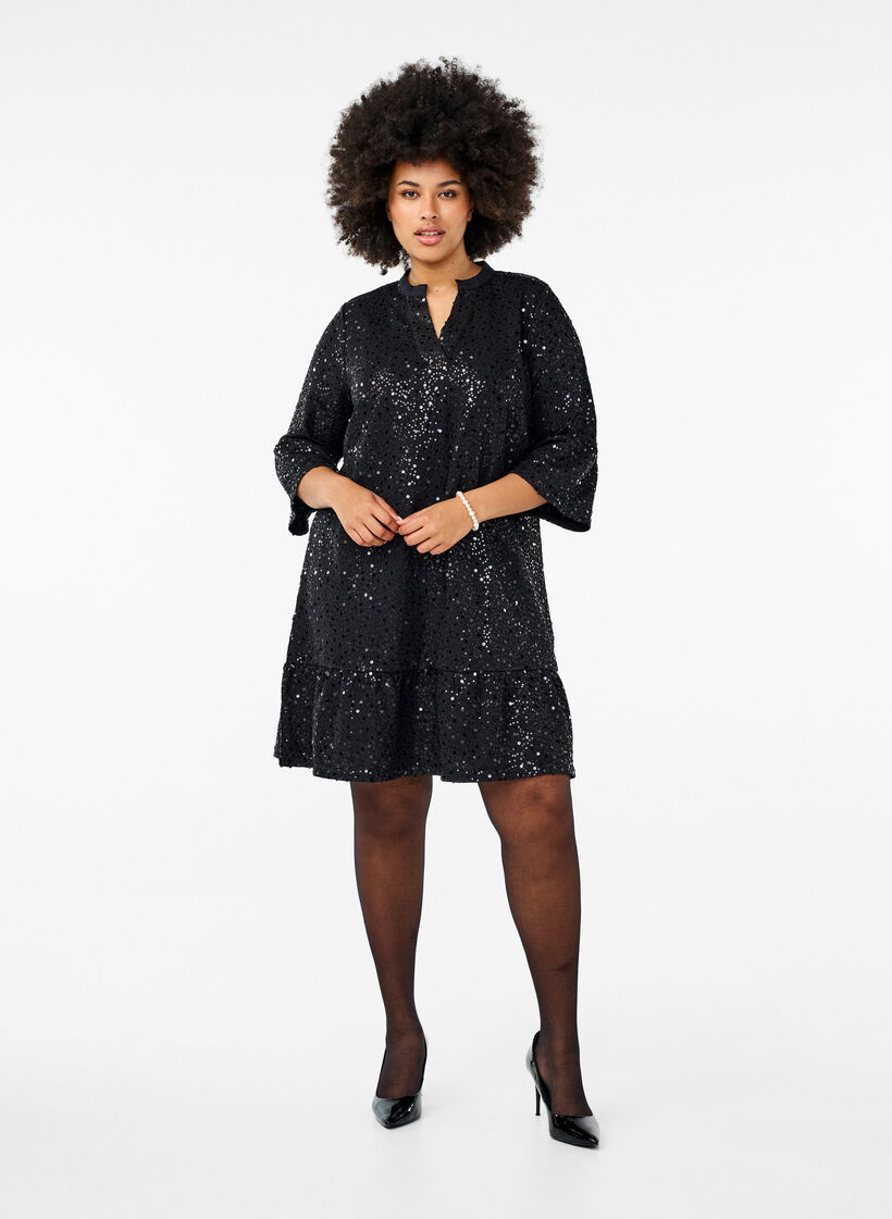 Sequin dress with a V-neck and 3/4 sleeves, Black w. Bl. Sequins, Model image number 2