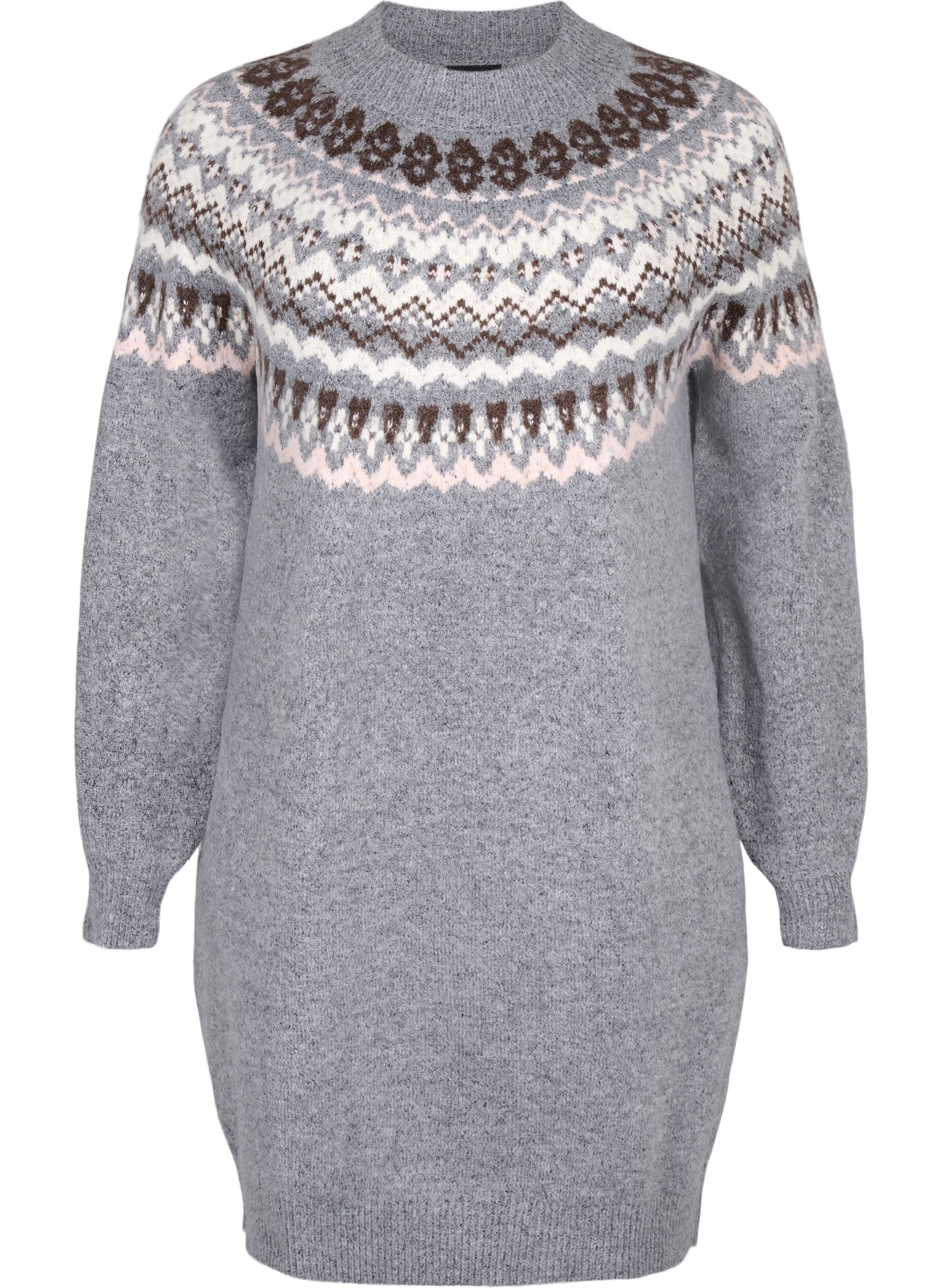 Zizzifashion Knitted dress with jacquard pattern and long sleeves, Medium Grey Comb, Packshot image number 0