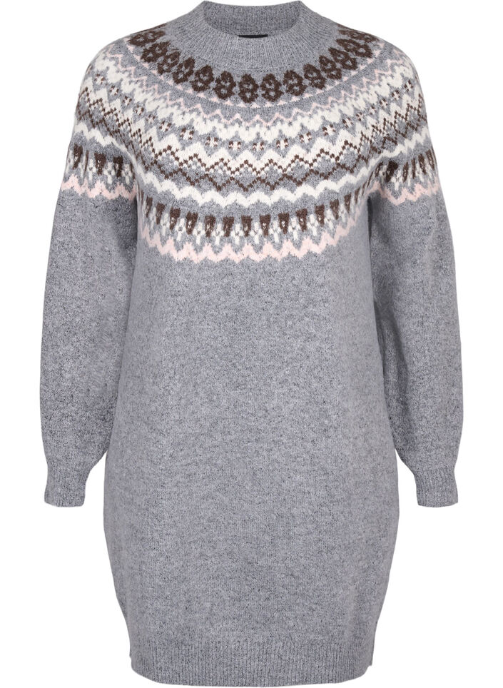 Knitted dress with jacquard pattern and long sleeves, Medium Grey Comb, Packshot image number 0