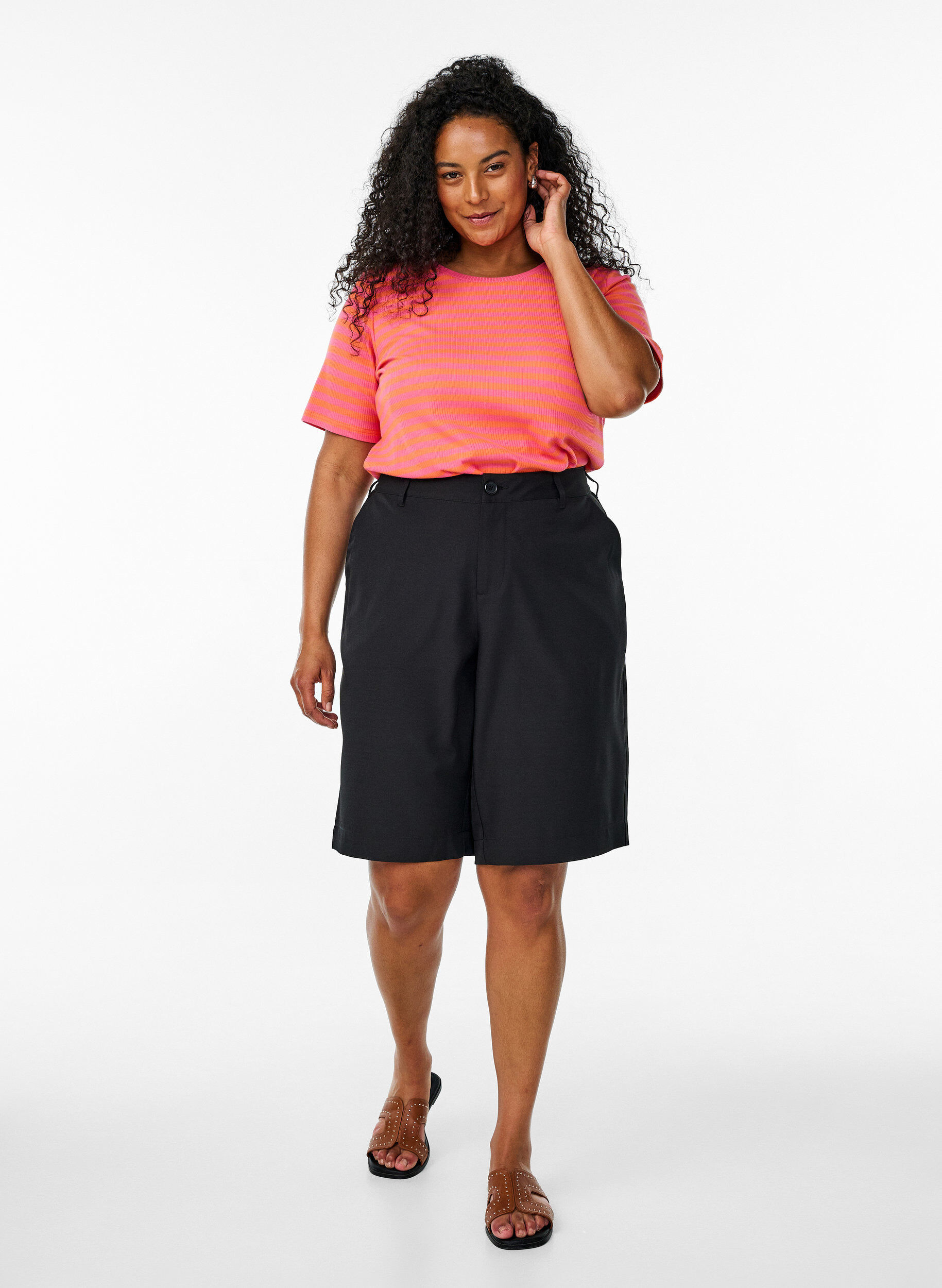 Zizzifashion Striped T-shirt with ribbed texture, Coral, Model image number 1