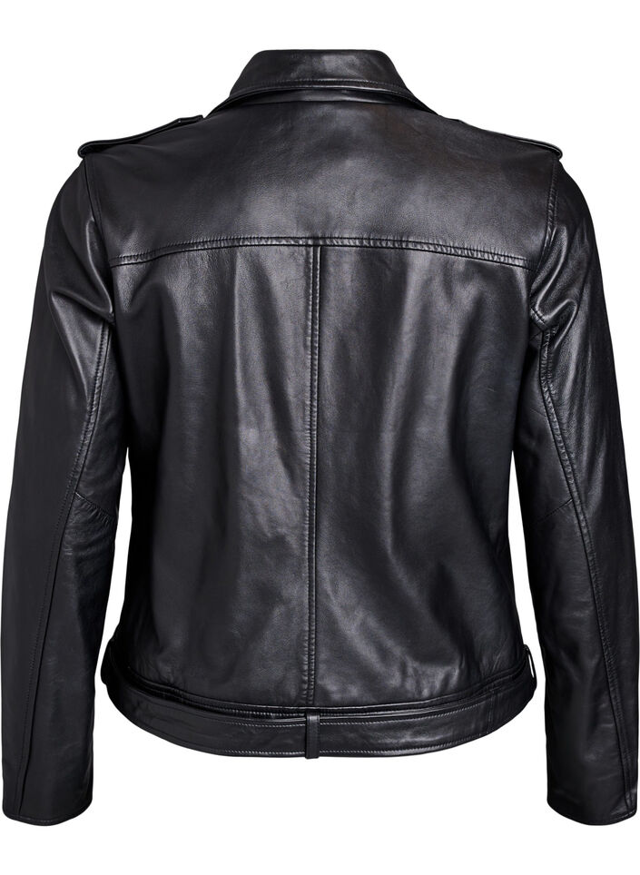 Leather biker jacket with belt, Black, Packshot image number 1