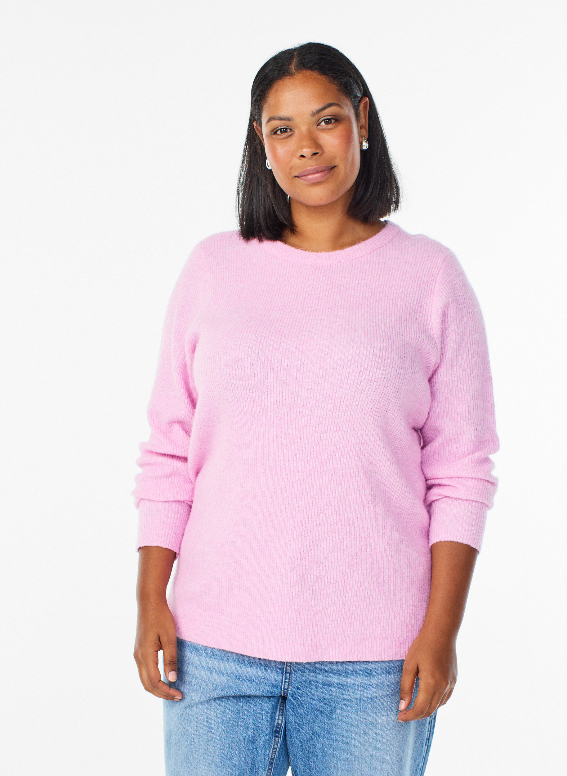 Melange knit blouse with round neck, Pink, Model